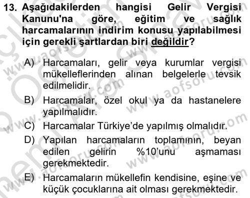 Vergi Planlaması Dersi 2025 - 2026 Yılı (Vize) Ara Sınav Soruları 13. Soru