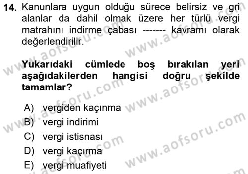 Vergi Planlaması Dersi 2025 - 2026 Yılı (Vize) Ara Sınav Soruları 14. Soru