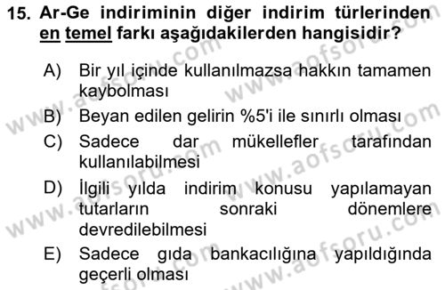 Vergi Planlaması Dersi 2025 - 2026 Yılı (Vize) Ara Sınav Soruları 15. Soru