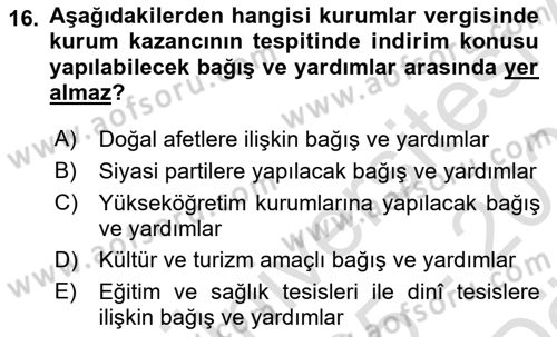 Vergi Planlaması Dersi 2025 - 2026 Yılı (Vize) Ara Sınav Soruları 16. Soru
