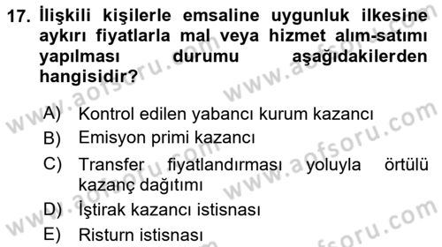 Vergi Planlaması Dersi 2025 - 2026 Yılı (Vize) Ara Sınav Soruları 17. Soru