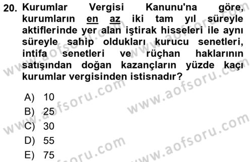 Vergi Planlaması Dersi 2025 - 2026 Yılı (Vize) Ara Sınav Soruları 20. Soru
