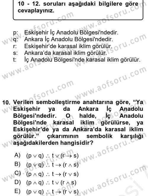 Sembolik Mantık Dersi 2015 - 2016 Yılı (Vize) Ara Sınavı 10. Soru