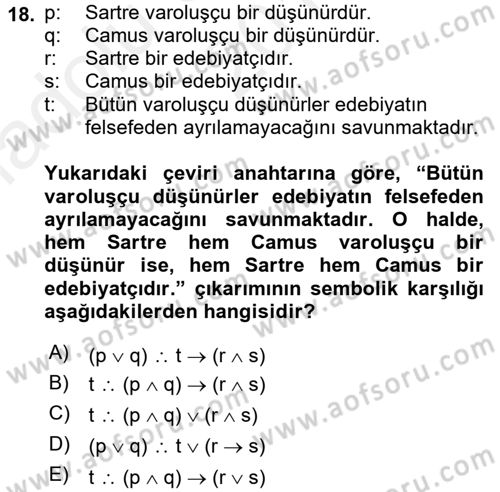 Sembolik Mantık Dersi 2015 - 2016 Yılı (Vize) Ara Sınavı 18. Soru