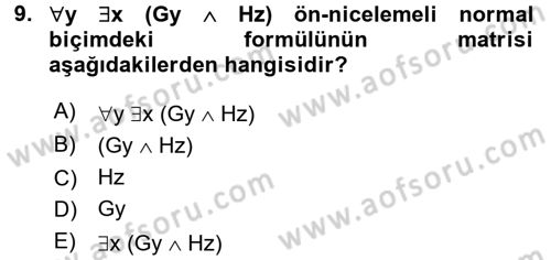 Sembolik Mantık Dersi 2015 - 2016 Yılı (Final) Dönem Sonu Sınavı 9. Soru