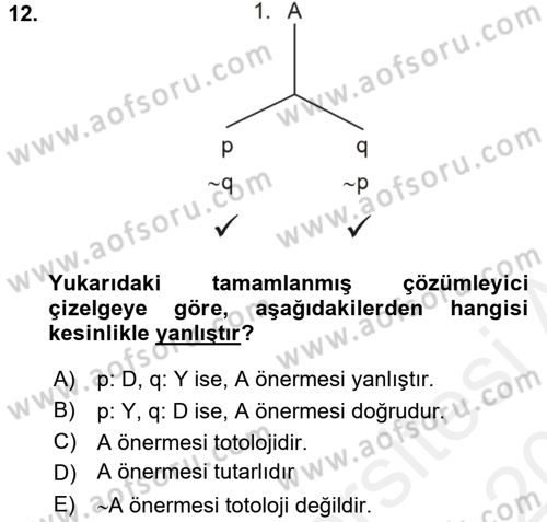 Sembolik Mantık Dersi 2015 - 2016 Yılı Tek Ders Sınavı 12. Soru