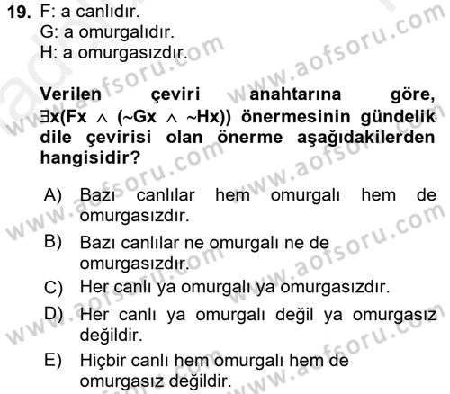 Sembolik Mantık Dersi 2015 - 2016 Yılı Tek Ders Sınavı 19. Soru