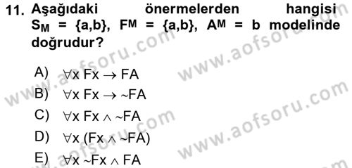 Sembolik Mantık Dersi 2016 - 2017 Yılı 3 Ders Sınavı 11. Soru