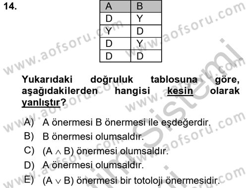 Sembolik Mantık Dersi 2016 - 2017 Yılı (Vize) Ara Sınav Soruları 14. Soru