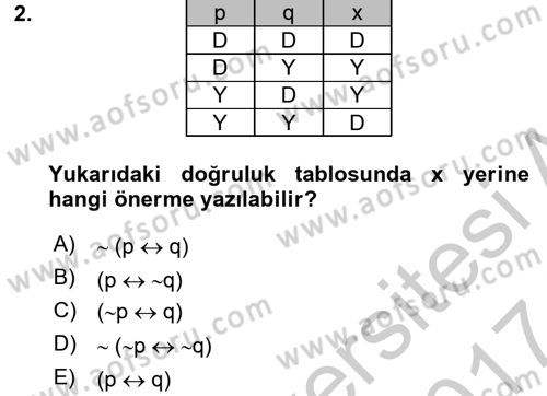Sembolik Mantık Dersi 2016 - 2017 Yılı (Vize) Ara Sınav Soruları 2. Soru
