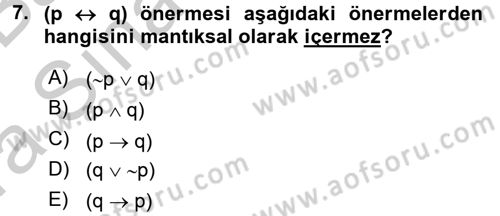 Sembolik Mantık Dersi 2016 - 2017 Yılı (Vize) Ara Sınav Soruları 7. Soru
