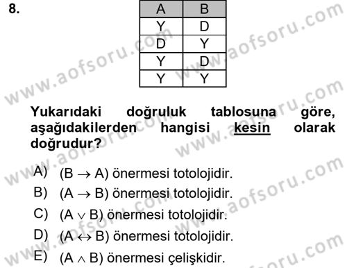 Sembolik Mantık Dersi 2016 - 2017 Yılı (Vize) Ara Sınav Soruları 8. Soru
