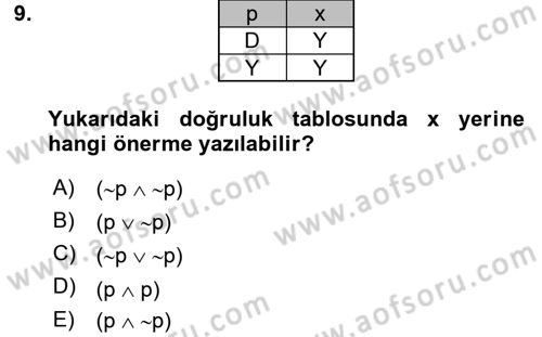 Sembolik Mantık Dersi 2016 - 2017 Yılı (Vize) Ara Sınav Soruları 9. Soru