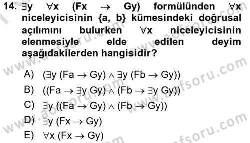Sembolik Mantık Dersi 2016 - 2017 Yılı (Final) Dönem Sonu Sınav Soruları 14. Soru