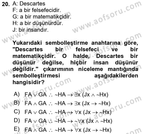 Sembolik Mantık Dersi 2016 - 2017 Yılı (Final) Dönem Sonu Sınav Soruları 20. Soru