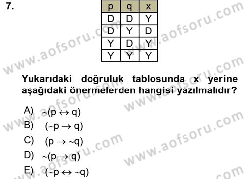 Sembolik Mantık Dersi 2016 - 2017 Yılı (Final) Dönem Sonu Sınav Soruları 7. Soru