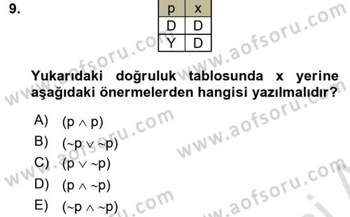Sembolik Mantık Dersi 2016 - 2017 Yılı (Final) Dönem Sonu Sınav Soruları 9. Soru