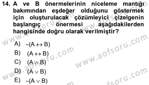 Sembolik Mantık Dersi 2017 - 2018 Yılı 3 Ders Sınavı 14. Soru