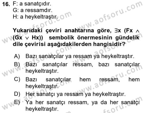 Sembolik Mantık Dersi 2017 - 2018 Yılı 3 Ders Sınavı 16. Soru