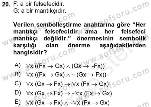 Sembolik Mantık Dersi 2017 - 2018 Yılı 3 Ders Sınavı 20. Soru