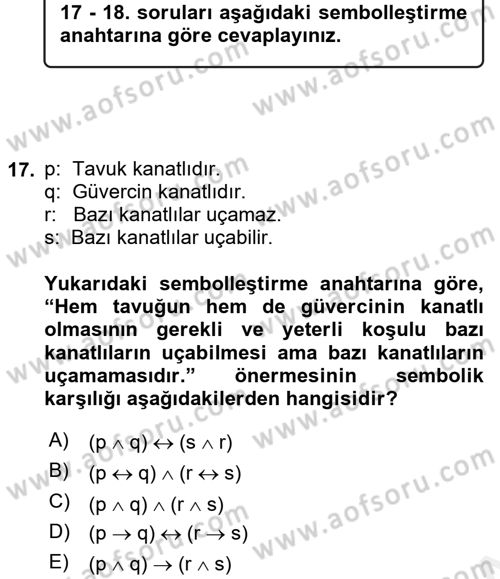 Sembolik Mantık Dersi 2017 - 2018 Yılı (Vize) Ara Sınavı 17. Soru