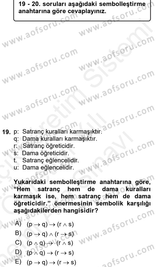 Sembolik Mantık Dersi 2017 - 2018 Yılı (Vize) Ara Sınavı 19. Soru