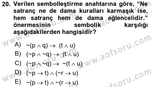 Sembolik Mantık Dersi 2017 - 2018 Yılı (Vize) Ara Sınavı 20. Soru