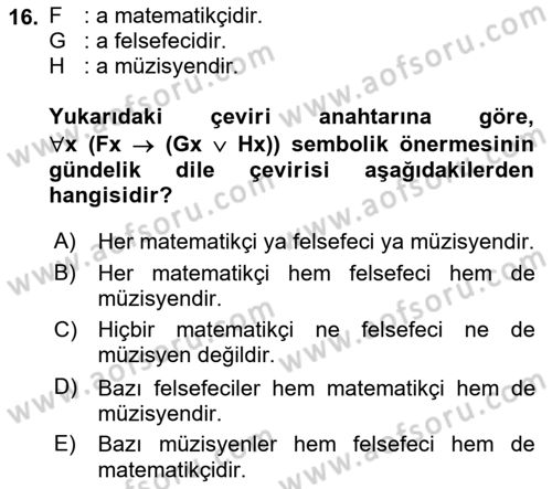 Sembolik Mantık Dersi 2017 - 2018 Yılı (Final) Dönem Sonu Sınavı 16. Soru