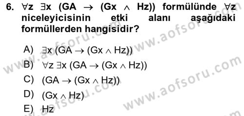Sembolik Mantık Dersi 2017 - 2018 Yılı (Final) Dönem Sonu Sınavı 6. Soru