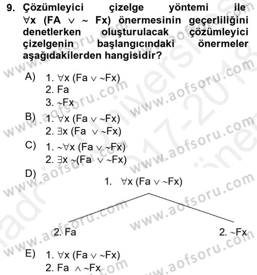 Sembolik Mantık Dersi 2017 - 2018 Yılı (Final) Dönem Sonu Sınavı 9. Soru