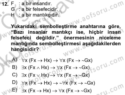 Sembolik Mantık Dersi 2017 - 2018 Yılı Yaz Okulu Sınavı 12. Soru