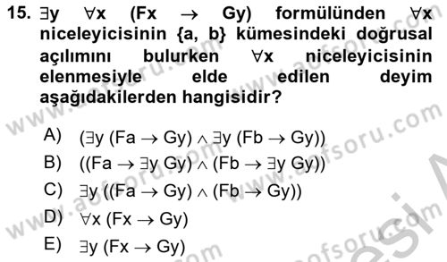 Sembolik Mantık Dersi 2017 - 2018 Yılı Yaz Okulu Sınavı 15. Soru