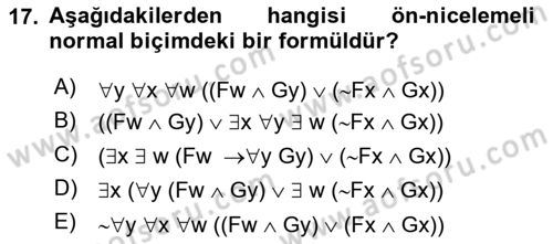 Sembolik Mantık Dersi 2017 - 2018 Yılı Yaz Okulu Sınavı 17. Soru