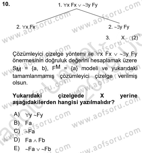 Sembolik Mantık Dersi 2018 - 2019 Yılı 3 Ders Sınavı 10. Soru