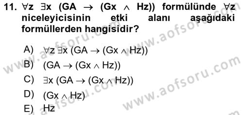 Sembolik Mantık Dersi 2018 - 2019 Yılı 3 Ders Sınavı 11. Soru