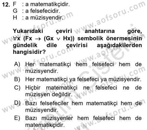 Sembolik Mantık Dersi 2018 - 2019 Yılı 3 Ders Sınavı 12. Soru