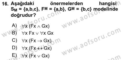Sembolik Mantık Dersi 2018 - 2019 Yılı 3 Ders Sınavı 16. Soru
