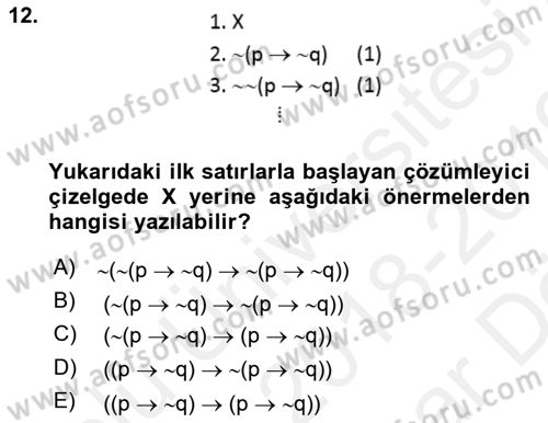 Sembolik Mantık Dersi 2018 - 2019 Yılı (Vize) Ara Sınav Soruları 12. Soru