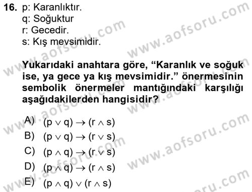 Sembolik Mantık Dersi 2018 - 2019 Yılı (Vize) Ara Sınavı 16. Soru