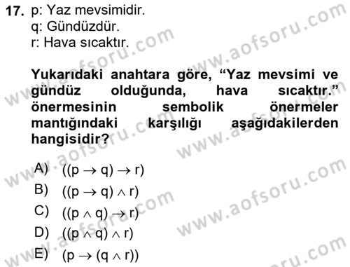 Sembolik Mantık Dersi 2018 - 2019 Yılı (Vize) Ara Sınav Soruları 17. Soru