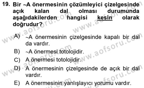 Sembolik Mantık Dersi 2018 - 2019 Yılı (Vize) Ara Sınav Soruları 19. Soru