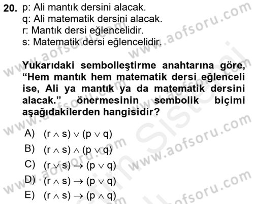 Sembolik Mantık Dersi 2018 - 2019 Yılı (Vize) Ara Sınav Soruları 20. Soru