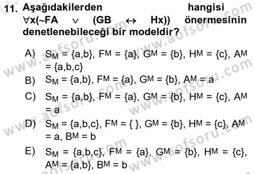 Sembolik Mantık Dersi 2018 - 2019 Yılı (Final) Dönem Sonu Sınavı 11. Soru