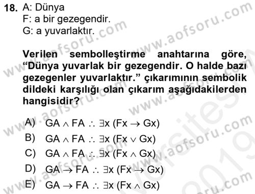 Sembolik Mantık Dersi 2018 - 2019 Yılı (Final) Dönem Sonu Sınavı 18. Soru