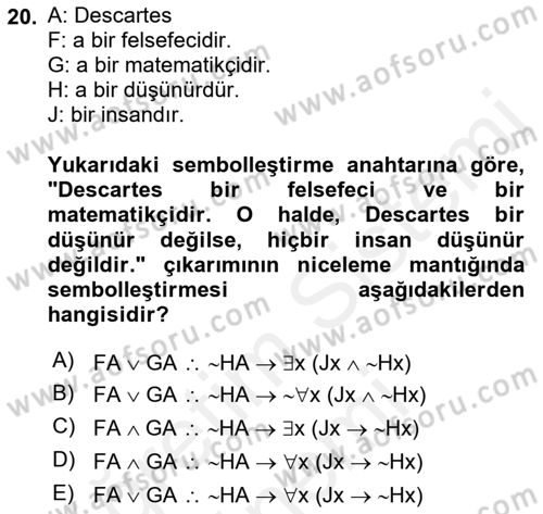 Sembolik Mantık Dersi 2018 - 2019 Yılı (Final) Dönem Sonu Sınavı 20. Soru