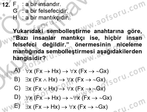 Sembolik Mantık Dersi 2018 - 2019 Yılı Yaz Okulu Sınavı 12. Soru