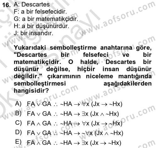 Sembolik Mantık Dersi 2020 - 2021 Yılı Yaz Okulu Sınav Soruları 16. Soru