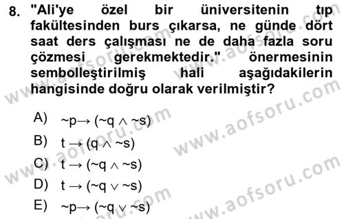 Sembolik Mantık Dersi 2020 - 2021 Yılı Yaz Okulu Sınav Soruları 8. Soru