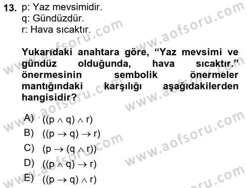 Sembolik Mantık Dersi 2021 - 2022 Yılı (Vize) Ara Sınav Soruları 13. Soru