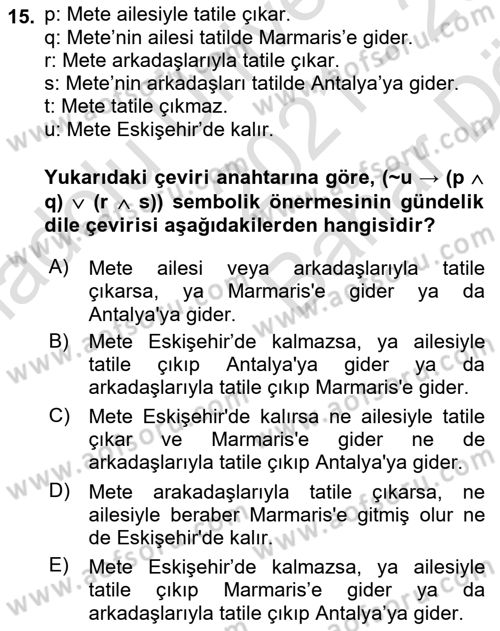 Sembolik Mantık Dersi 2021 - 2022 Yılı (Vize) Ara Sınav Soruları 15. Soru